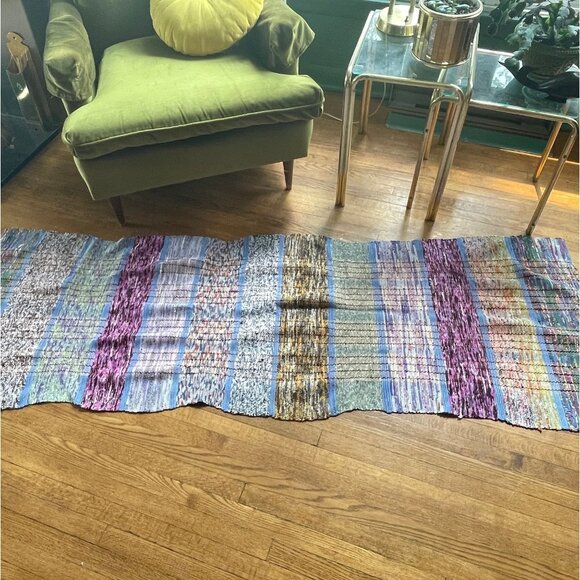 Vintage 60s kilim, handmade rag rug, blue, green, purple entryway or kitchen run - Picture 2 of 10